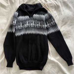 Black and Gray 1/4 Zip Knit Sweater with Alpaca Pattern